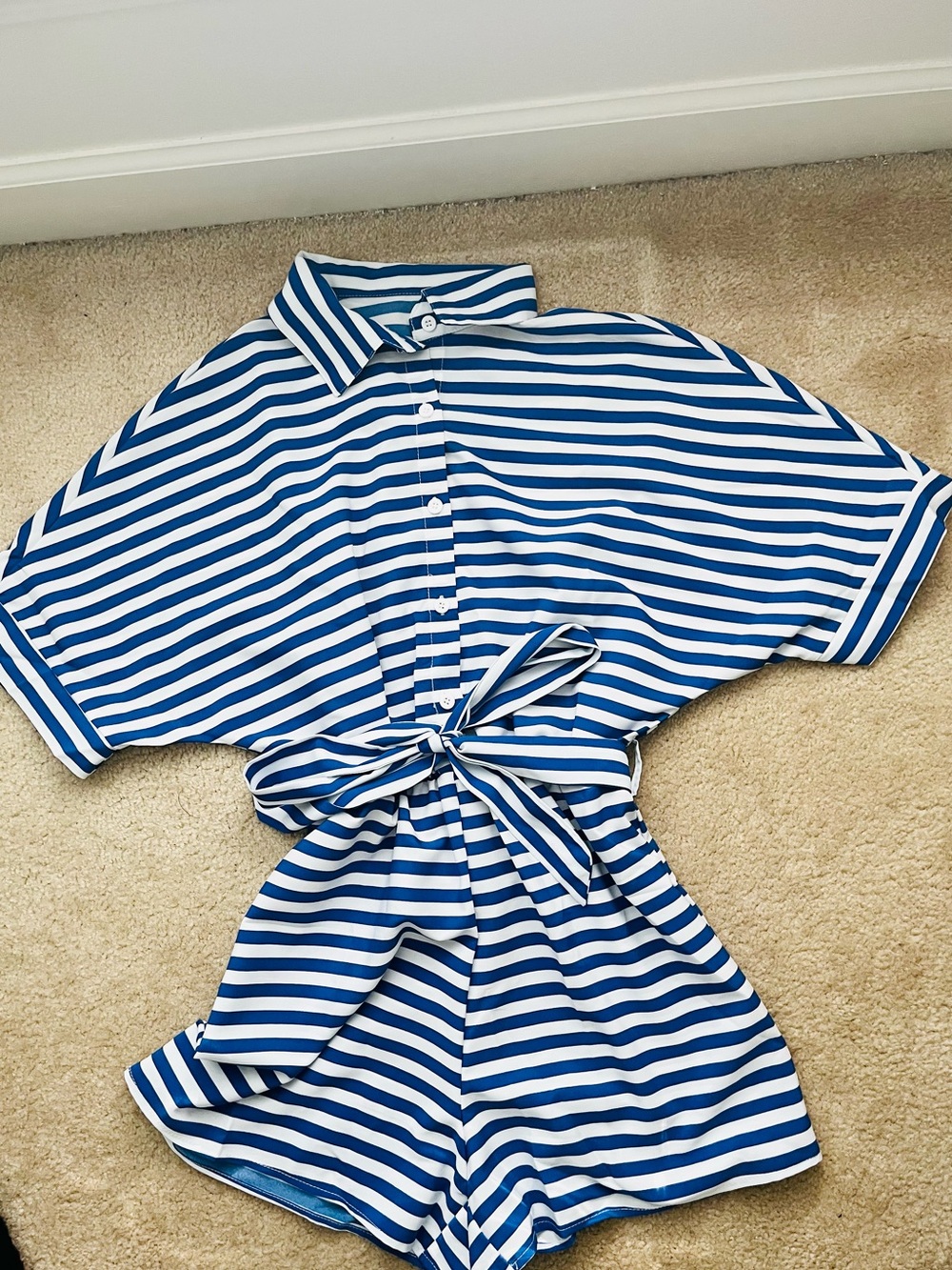 NEW SHEIN Women’s Chiquease Blue/White Striped Batwing Sleeve Casual Jumpsuit XS
